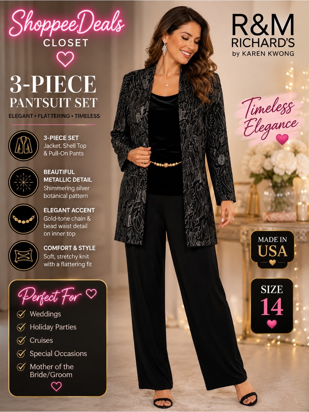 R&M Richards by Karen Kwong 3-Piece Set – Size 14 – Made in USA